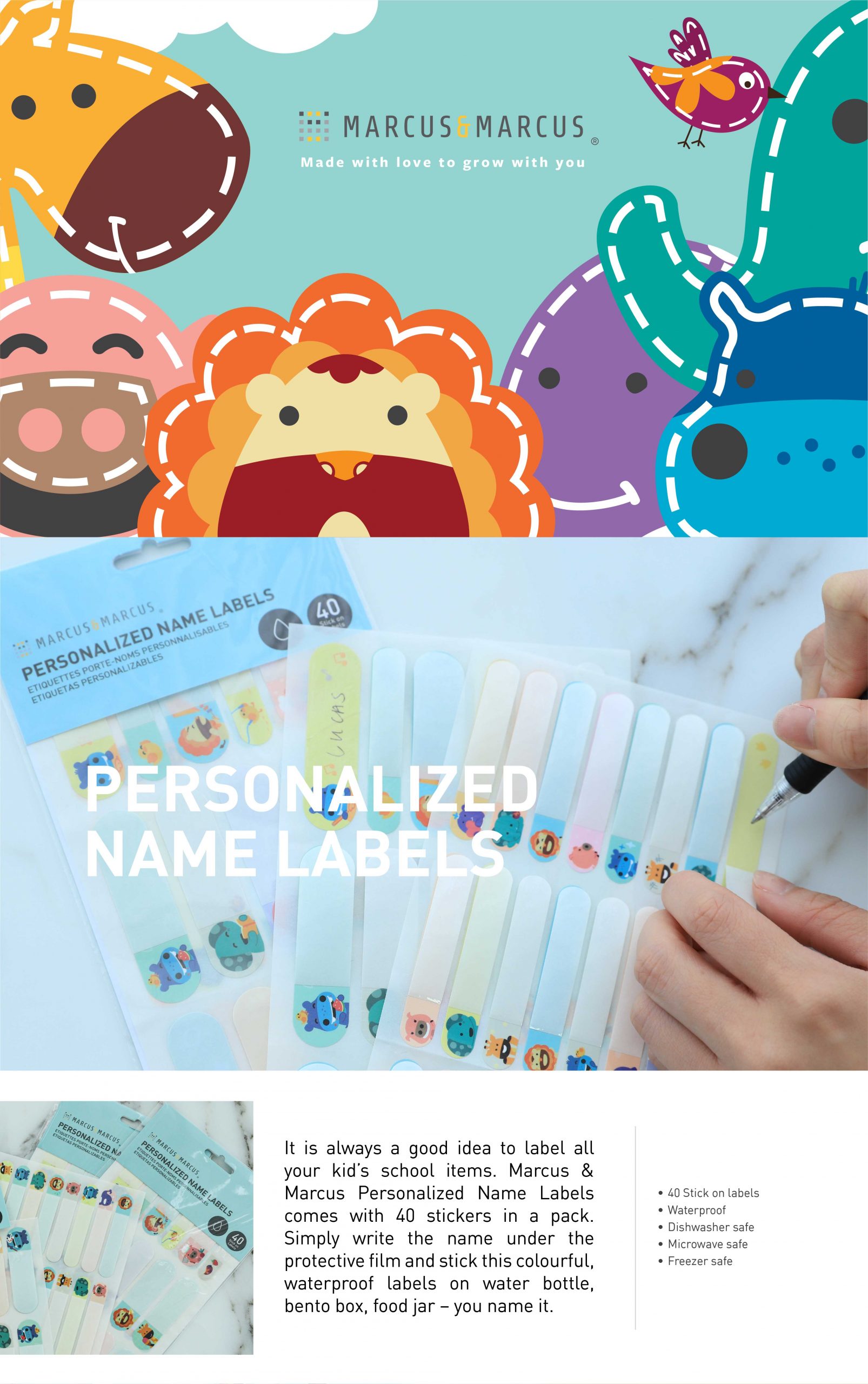 marcus and marcus personalized name label stick on sticker on school items 儿童名字防水贴纸